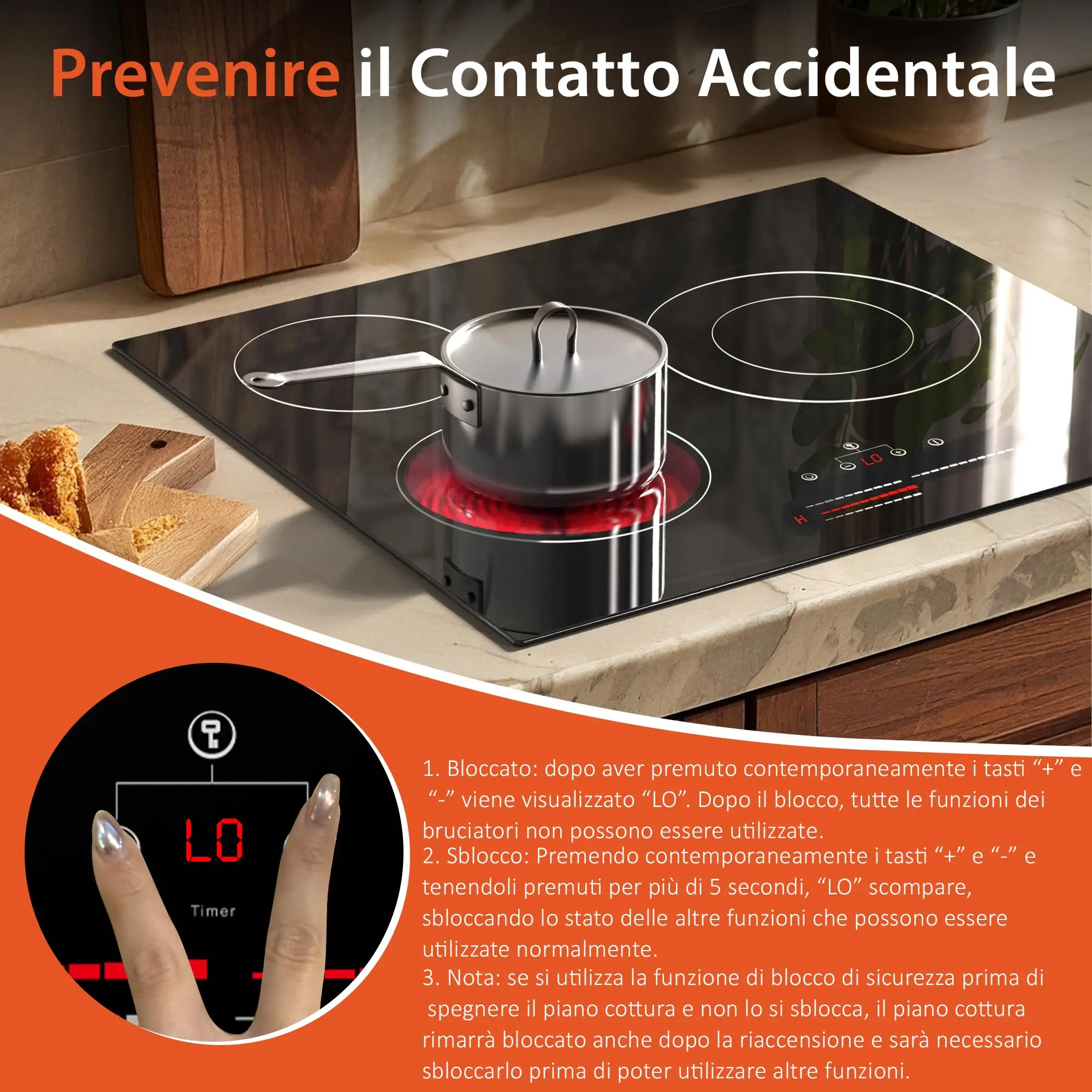 موقد NOXTON ذاتي الكفاءة 60 سم مع مناطق طهي بحلقة مزدوجة، مسطح سيراميك زجاجي 3 أطباق، 5500 وات، 220-240 فولت بدون قابس #4