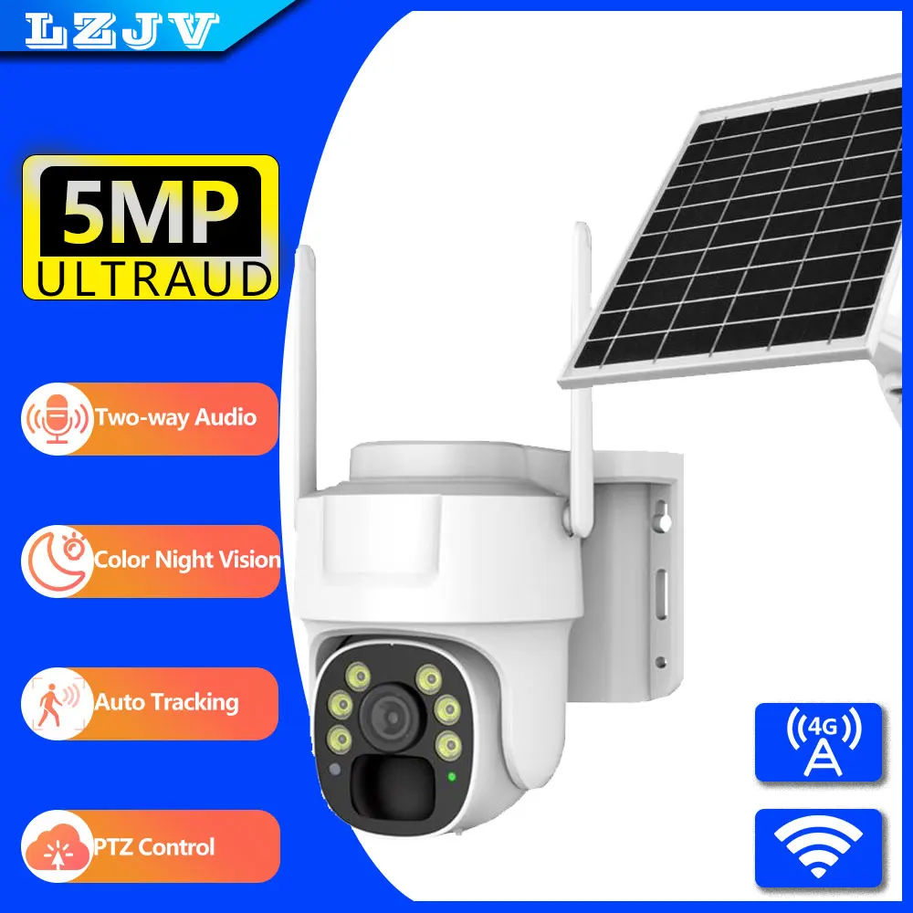 

LZJV 5MP Camera Wifi Outdoor Surveillance Security Camera Solar Panel Surveillance Cameras 6000mAh IP66 Wireless 2 Way Talking