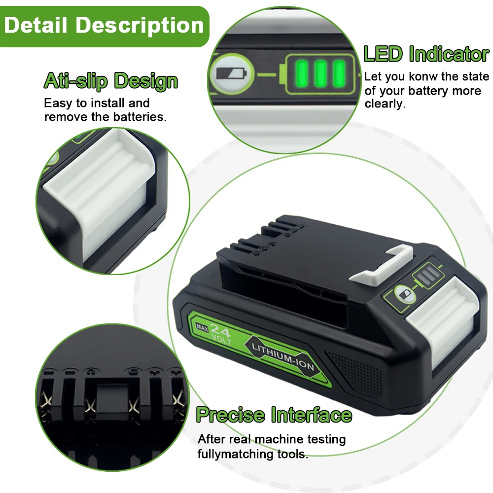 8.0Ah/4.0Ah 24V Li-ion Battery for Greenworks G24B4 Battery 48V 29842 29852 BAG708 BAG711 Cordless Tools 20352 22232 2508302