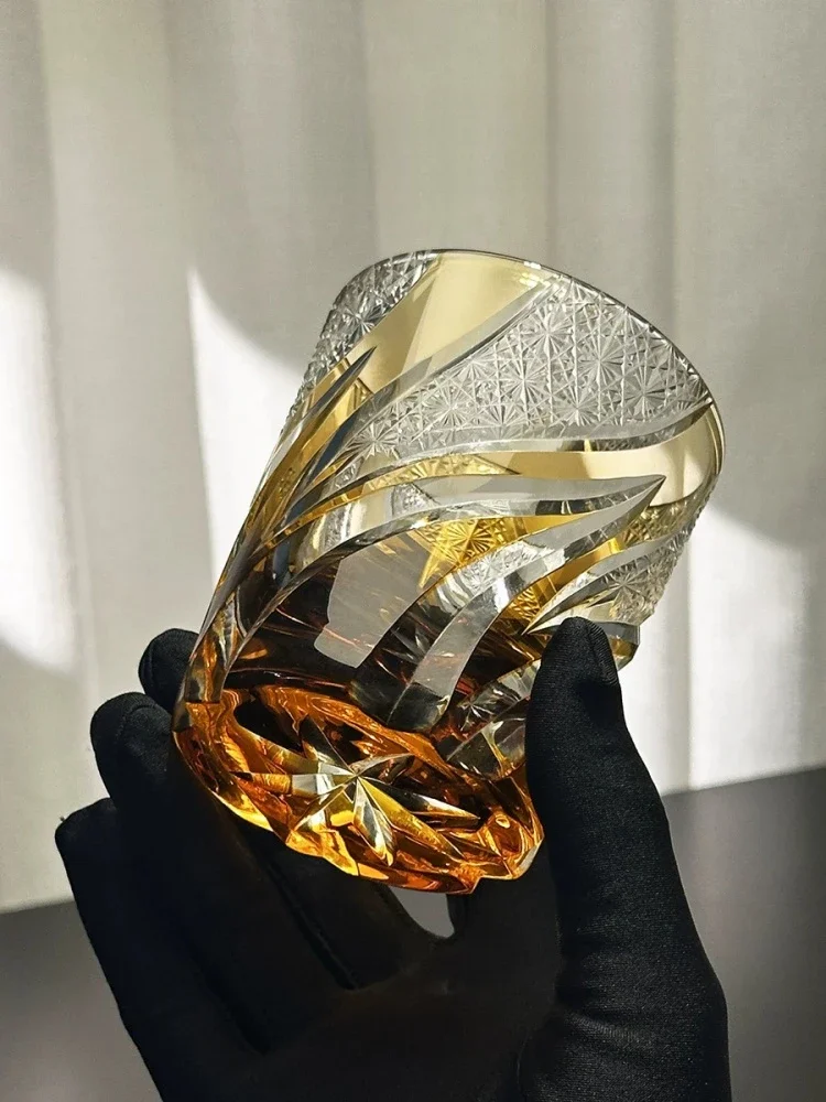 Japanese Edo Kiriko Craft Pure Hand-Carved Flame Patter Crystal Glass With Exquisite Packaging Gift Box Amber Black Drinking Cup