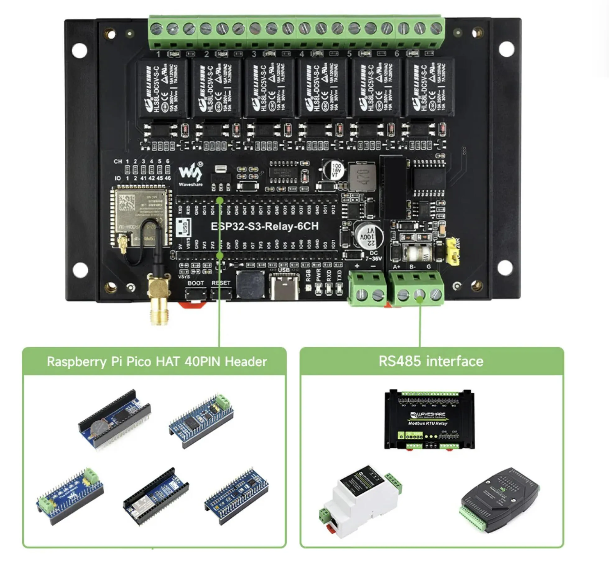ESP32-S3 Industrial 6-Channel WiFi Network Relay Module Supports WiFi/BLE/RS485/Pico Interfaces