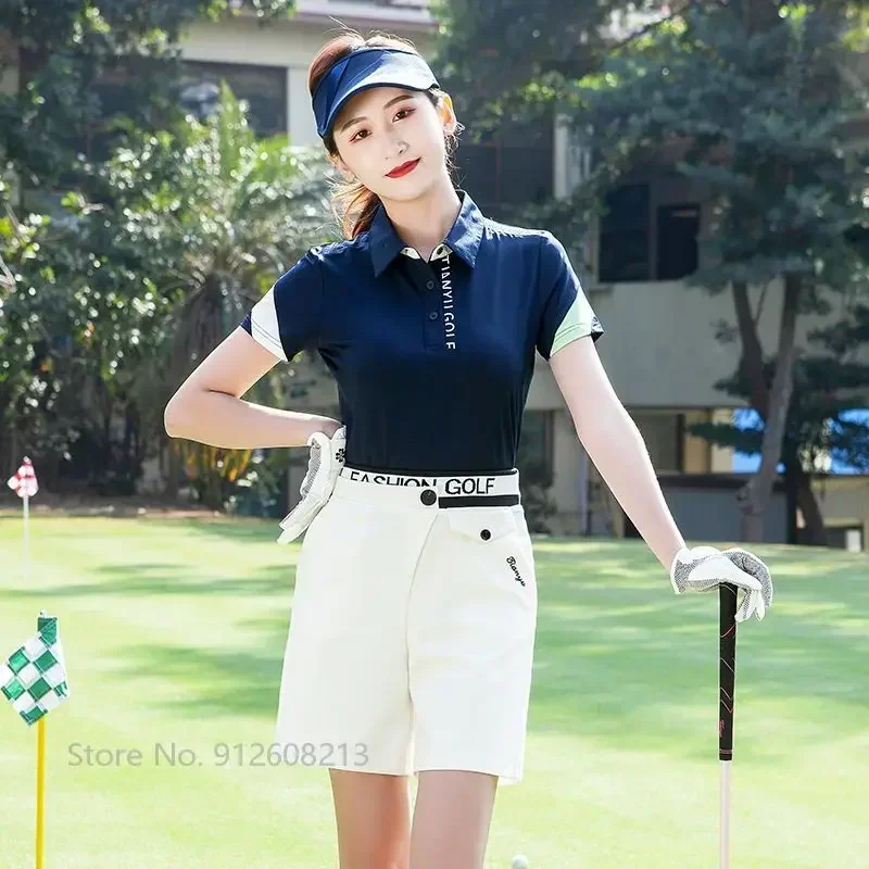 TTYGJ Women Elastic Patchwork Golf Shirt Ladies Short Sleeve Fast Dry Sport T-shirt Women Turn Down Collar Tops Summer Golf Wear