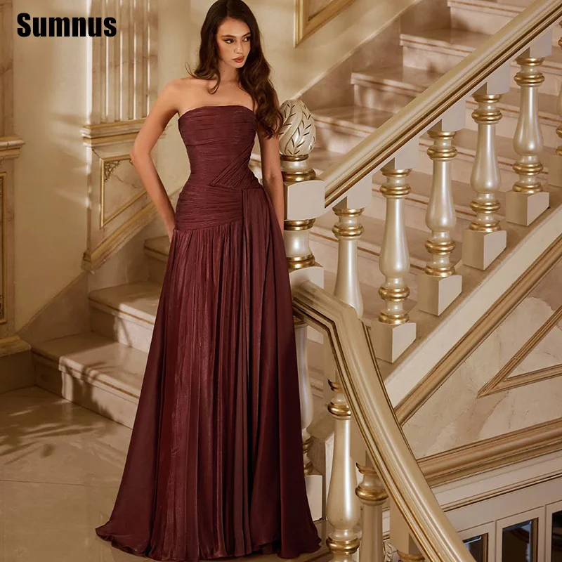 Eleganckie suknie wieczorowe Sumnus w kształcie litery A, bez ramiączek, z jedwabnej satyny, drapowane, bez rękawów, suknie formalne فساتين سهرة, szyte na miarę