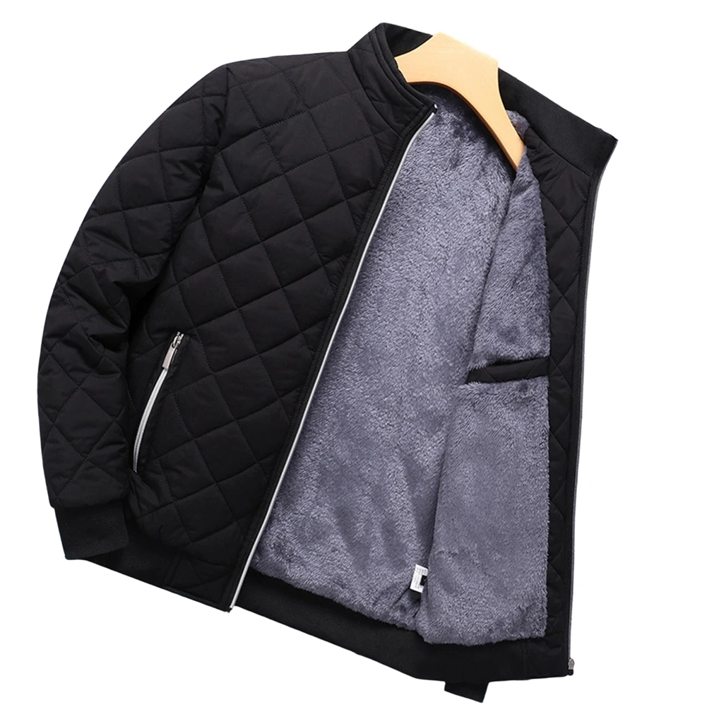 

Stand Collar Men Winter Jacket 85 Polyester 15 Spandex Fleece Lined Plush Lining Long Sleeve Regular Length Jacket