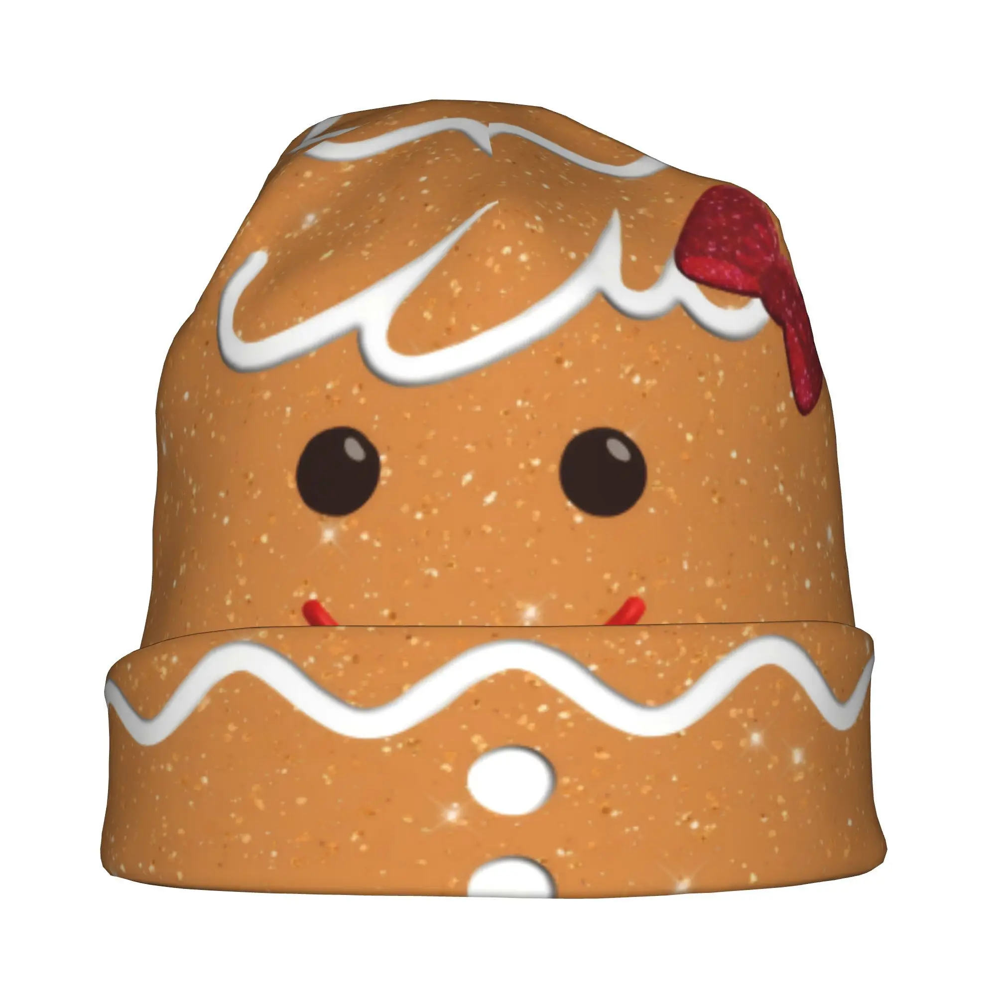 2D Print Design Gingerbread Face Sparkle Pattern Print Skullies Beanies Sport Hat Unisex Hip Hop Skull Cap for Daily Use