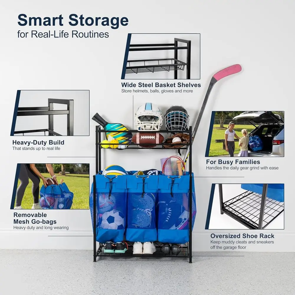 رف تخزين المعدات الرياضية الزرقاء شديدة التحمل مع حقائب محمولة للكرات والألعاب #4