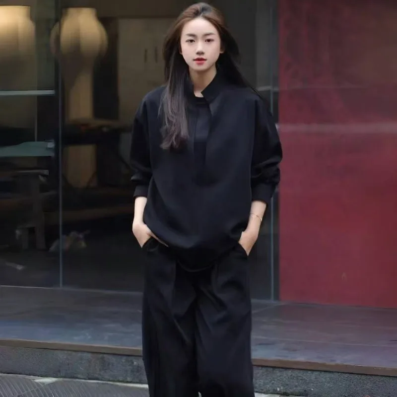 2026 Autumn Female New Solid Color Long-sleeved Trousers Fake Two-piece Shirt Versatile Couple Ruffian Handsome Fashion Suit