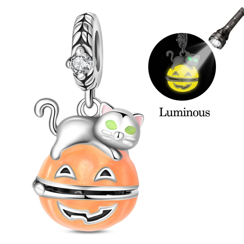 New New 925 Sterling Silver Glow Black Cat Pumpkin Charms Beads Dangle Fit 3mm Original Bracelet DIY Women Jewelry Gifts