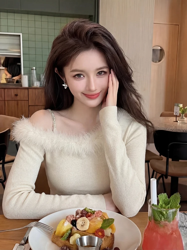 Ele – vêtements intérieurs tricotés blancs pour femmes, avec col en fourrure, Design asymétrique, printemps Faion