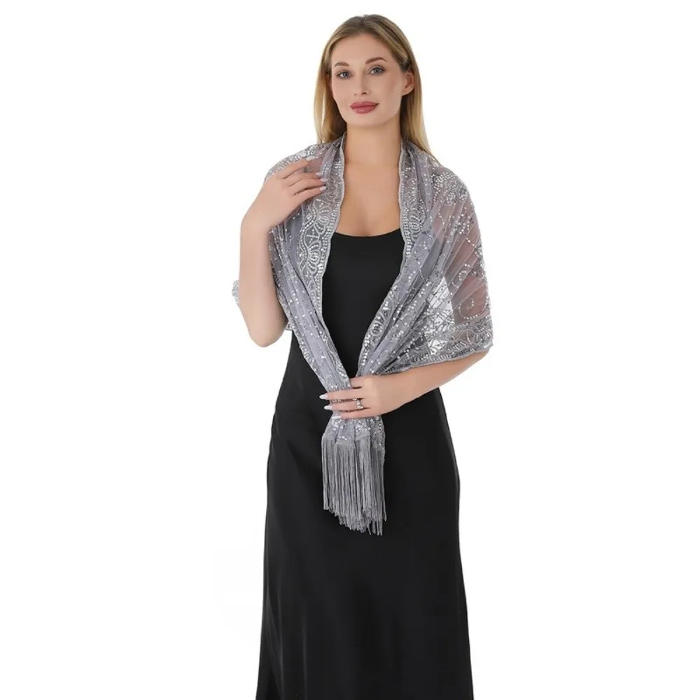 

Fashion Sequins Evening Dress Shawl Mesh with Tassel Wedding Capes Pure Color Wedding Shrugs Wraps for Women
