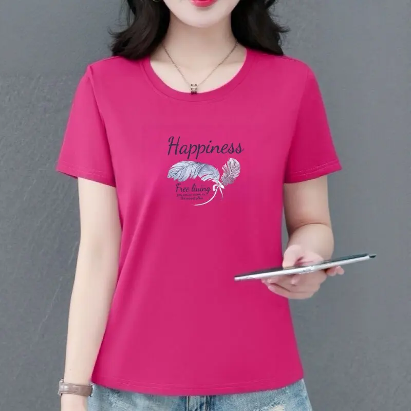 

Slimming Printed Short Sleeve T-Shirt Women's Summer Thin Loose Casual Top Mom's Versatile Fashionable round Neck Polyester F...