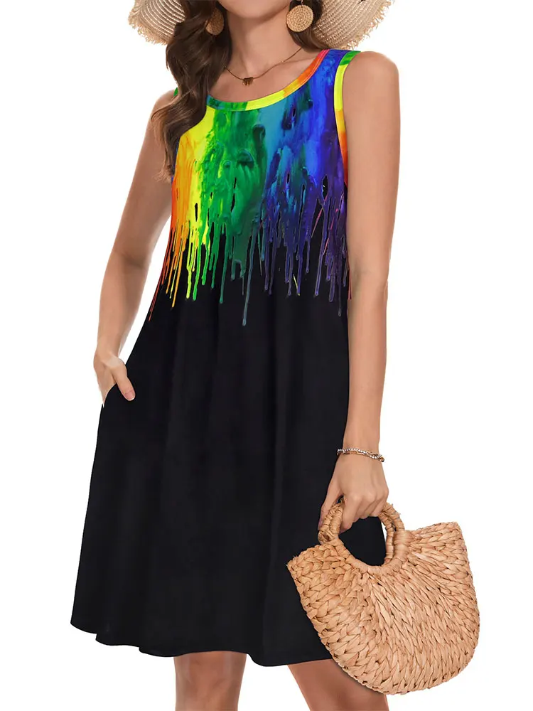 2024 New Women's Fashion Sleeveless Vest Long Dress Tie-Dye Printed Casual Pocket Dress Summer Ladies Sleeveless Home Vest Top