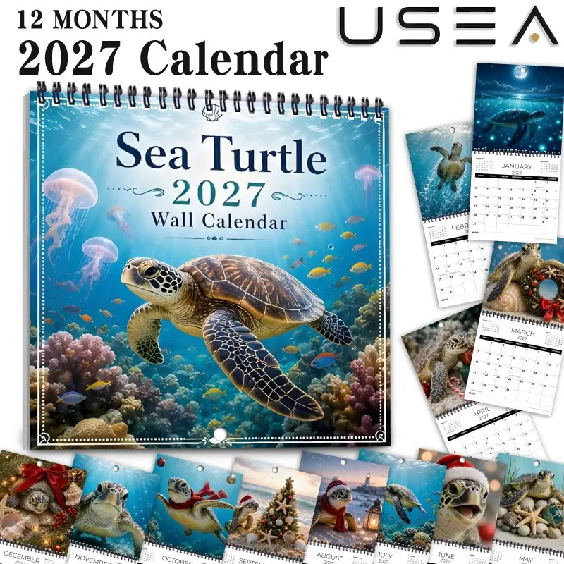 2027 Wall Calendar, Large Writable Blocks, US Federal Holidays & Lunar Moon Phases, Sea Turtle Ocean Theme, Christmas Gift