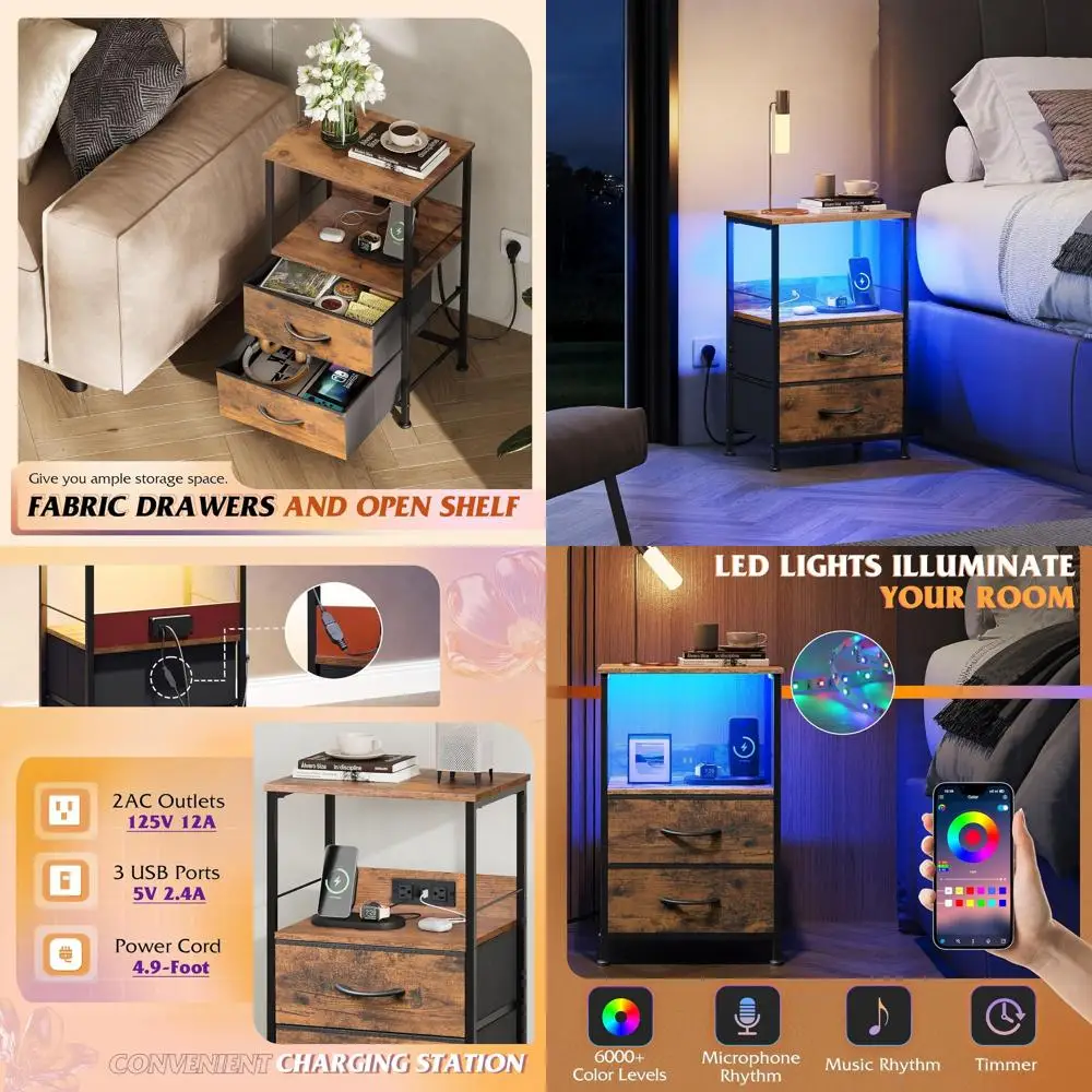 

Rustic Brown 2-Piece Nightstand Set with Charging Station, LED Lights, Fabric Drawers, and Storage Shelf for Small Spaces