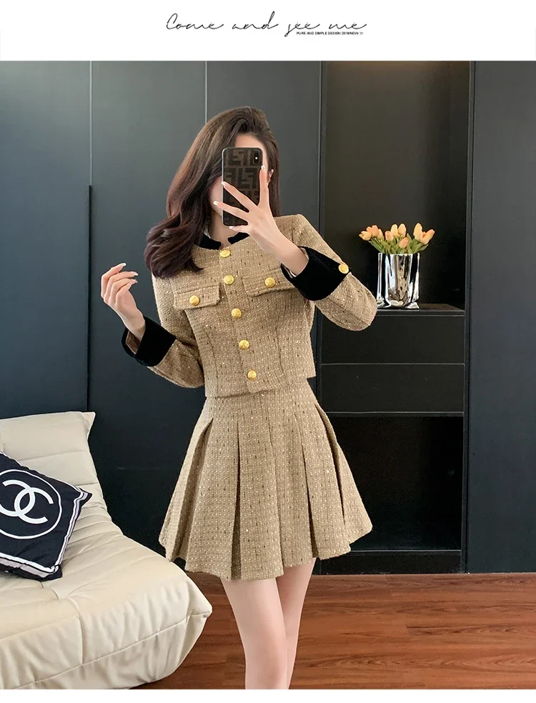 2024 autunno e inverno nuova giacca elegante da donna Casual Office Lady Coat Top gonna a pieghe a vita alta corta Set a due pezzi