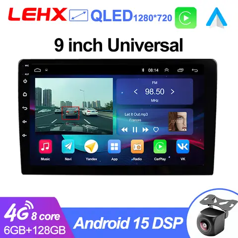 LEHX 9 inch Wireless Carplay 2din Android 15 Car Radio Multimedia Video Player Universal GPS Navigation 4G WiFi  AutoRadio