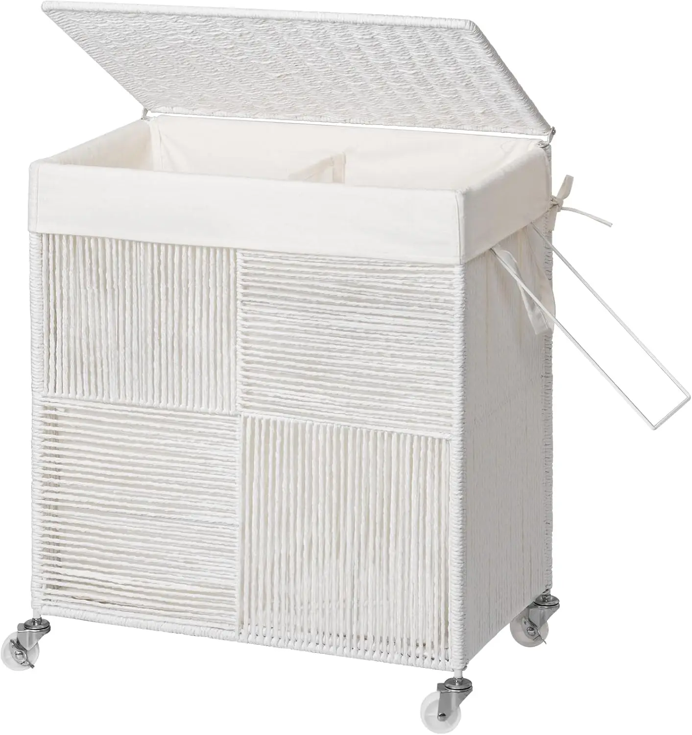 

Double Laundry Hamper with Lid, Handwoven Rolling Basket 115L, Dirty Clothes Sorter with Removable Liner Bag for Laundry Room