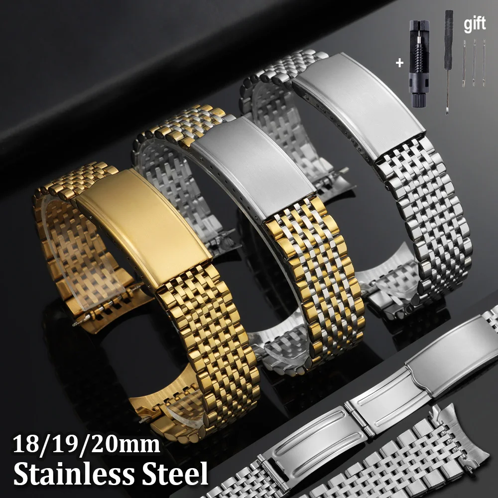 

Curved End Stainless Steel Watch Band 18mm 19mm 20mm Strap for Omega Seamaster Speedmaster Metal Belt for Seiko Folding Bracelet