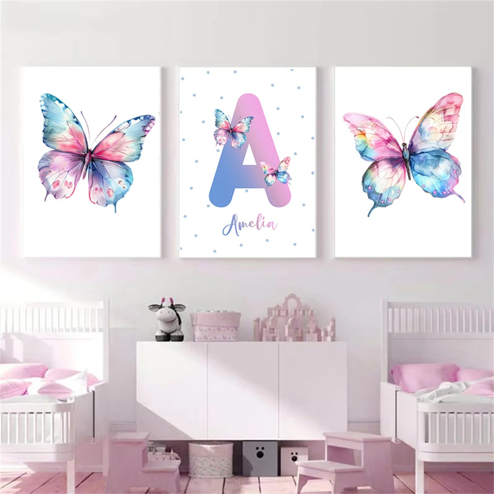 Purple Cartoon Butterfly Wall Art Print Animal Custom Name Canvas Poster Painting Nursery Wall Pictures Girls Room Decoration