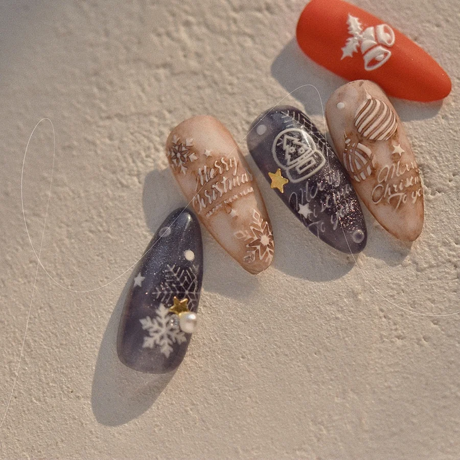 1-delige 5D-nagelkunststickers met reliëf, hoogwaardige kerstserie nagelstickers, sneeuwvlok, kerstontwerp, nail art-stickers