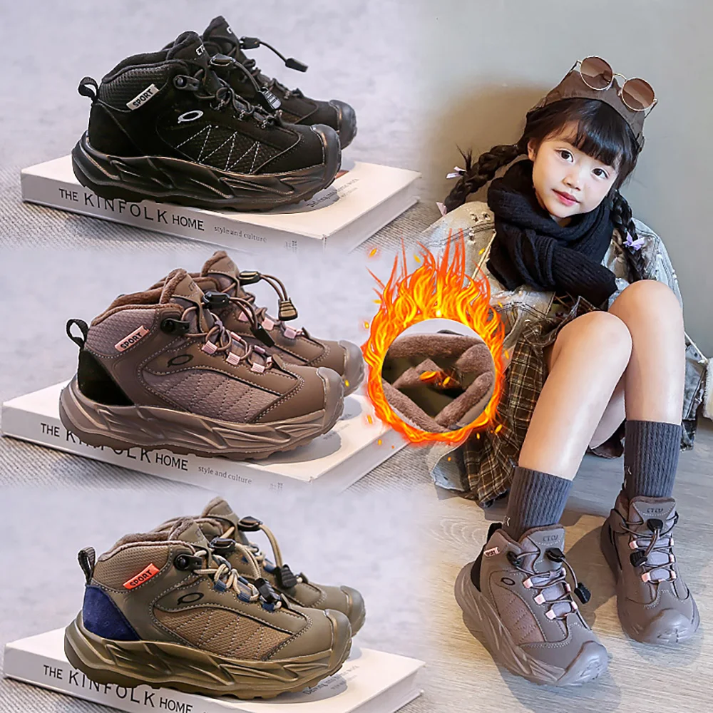 

Зимняя спортивная обувь для детей, водонепроницаемые детские кроссовки из искусственной кожи для подростков, плюшевая хлопковая обувь из искусственного меха для мальчиков и девочек, зимняя обувь