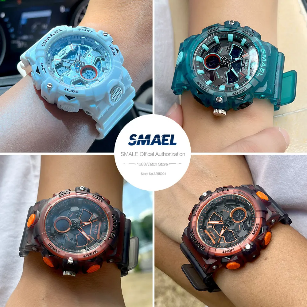 SMAEL Digital Watch for Men Double Mode Display Quartz Chronograph Wristwatch with Auto Date Week Date Clear Blue Silicone Strap