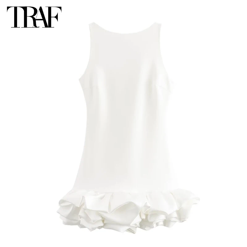 TRAF 2024 White Ruffle Dress Women Jumpsuit Sleeveless Mini Dress Woman Summer Evening Dresses for Women Sexy Backless Dresses