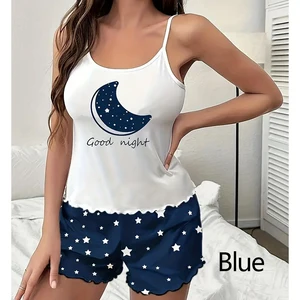 2 PCs weiblicher Pyjamas Pyjamas Kurzarm Set Shorts Seening Anzug Blue Moon Stern Drucklüftung Soft Comfort House Freizeit 8 Hauptverkauf Pijama Star - №2