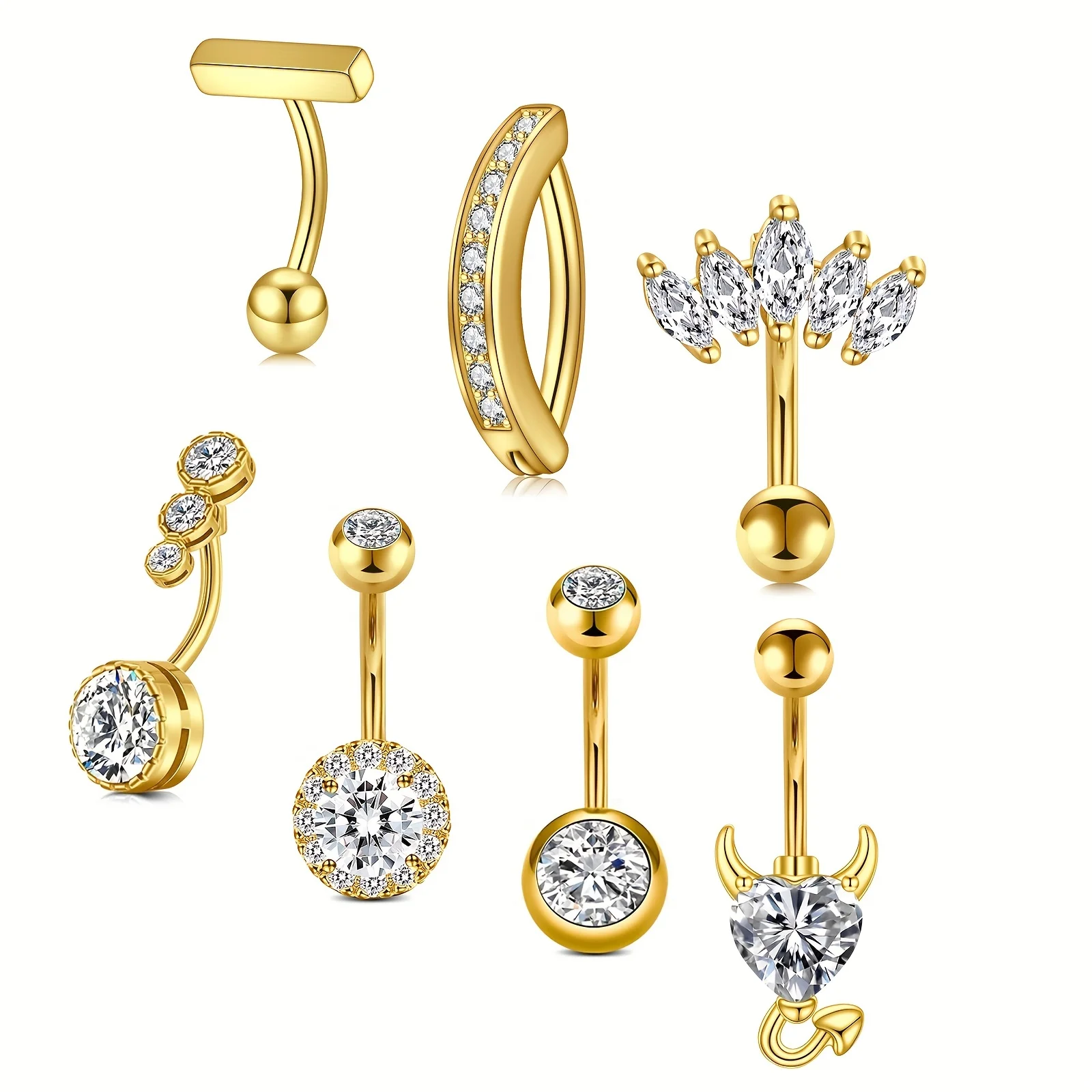 Pack d'anneaux de nombril dorés, acier inoxydable 10mm coeur fleur Zircon cristal nombril cerceaux Clicker ventre Piercing bijoux