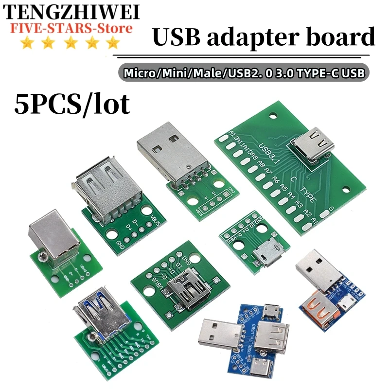 

5Pcs USB Male Connector / MINI MICRO USB to DIP Adapter female connector 2.54 Connector B Type-C USB2.0 3.0 Female PCB Converter