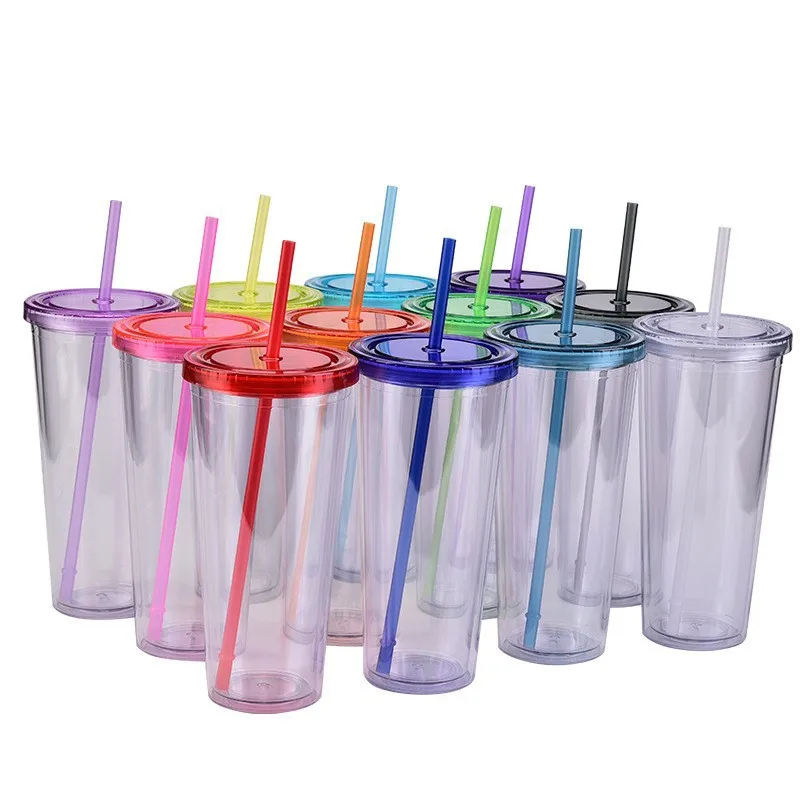Taza de paja de 700ml, taza de bebida de jugo de verano simple, taza de plástico transparente de doble capa para el hogar