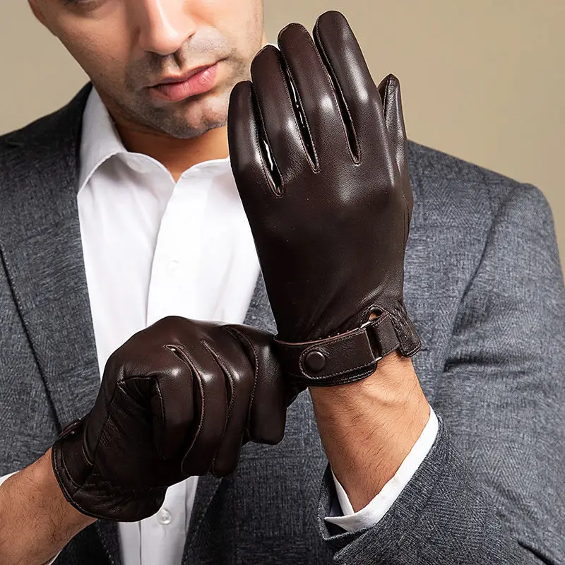 Guantes de piel de oveja de cuero genuino para hombre, guantes de conducción a la moda, cálidos para invierno, además de guantes deportivos de