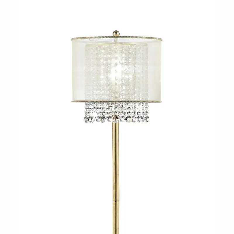 مصباح أرضي مقاس 65 بوصة بلمسة نهائية ذهبية، ولمسات كريستالية، وغطاء أبيض