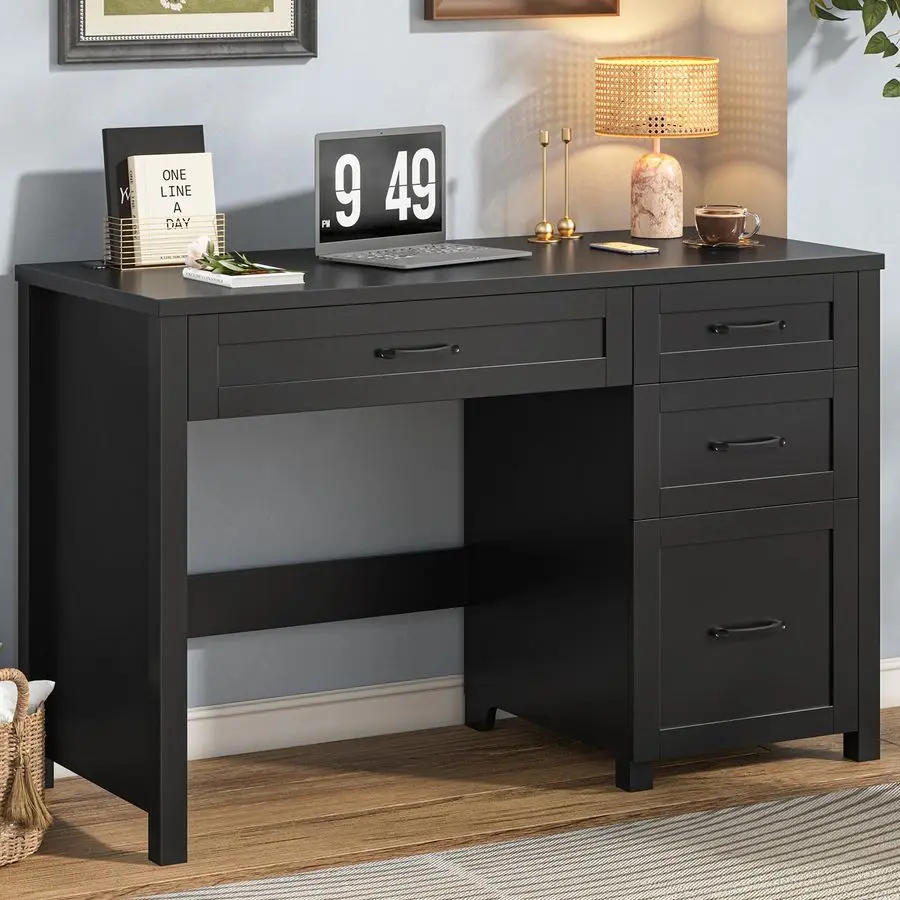 

Письменный стол 47 Executive, компьютерный стол с выдвижным ящиком для документов и зарядной станцией, рабочая станция для домашнего офиса, кабинета. Чисто черный.