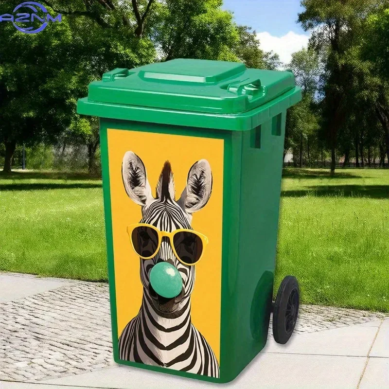 2D 1PC1pc Trash Can Stickers - Zebra with Yellow Fashion Glasses & Blue Bubble Gum, Peel-and-Stick Garbage Bin Decals, No Resi