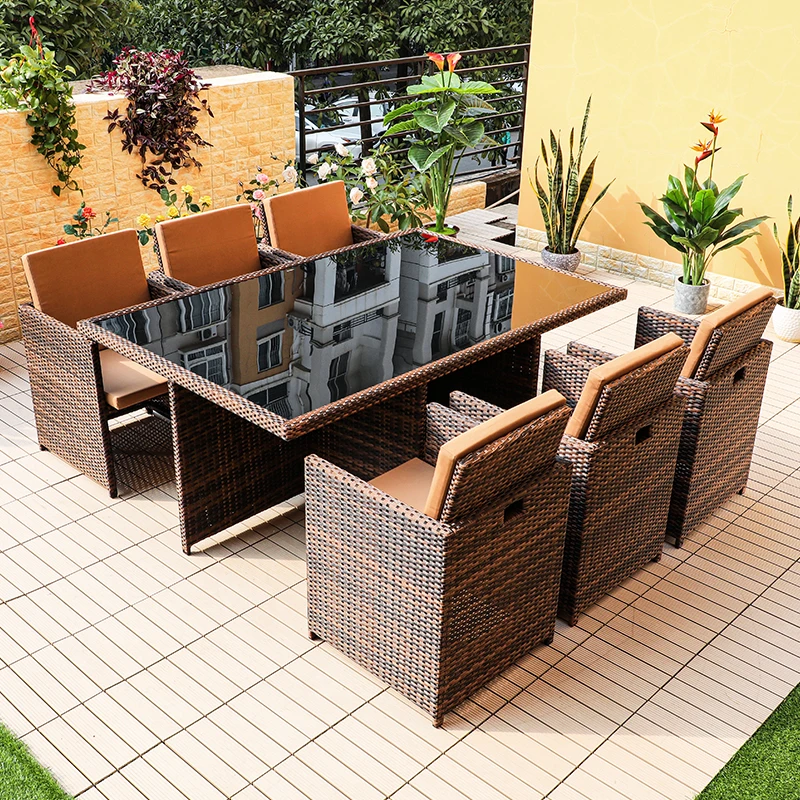 

Modern Rattan Furniture 6 Seater Garden Dining Set Outdoor Weave Rattan Garden Sets Outdoor Furniture For Restaurant