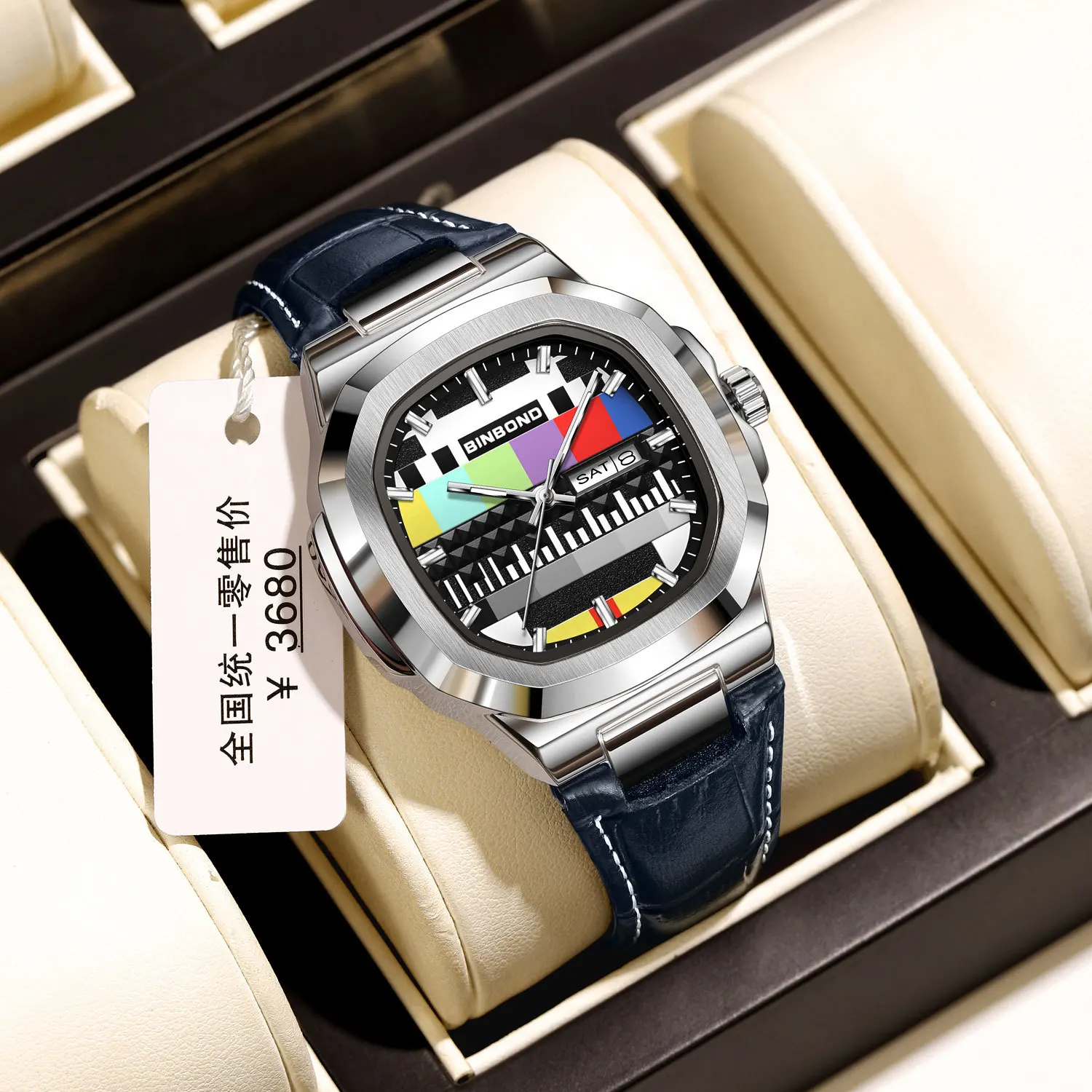 BINBOND  Genuine Square Watch for Men Leather Nostalgic TV Design high-end Wormhole Concept Male Fashion Quartz Clock Watches