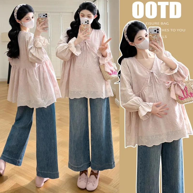 2026 Early Spring Maternity Top New Style Long Sleeve Embroidered V-Neck Puff Sleeve Fashion Outfit for Trendy Moms