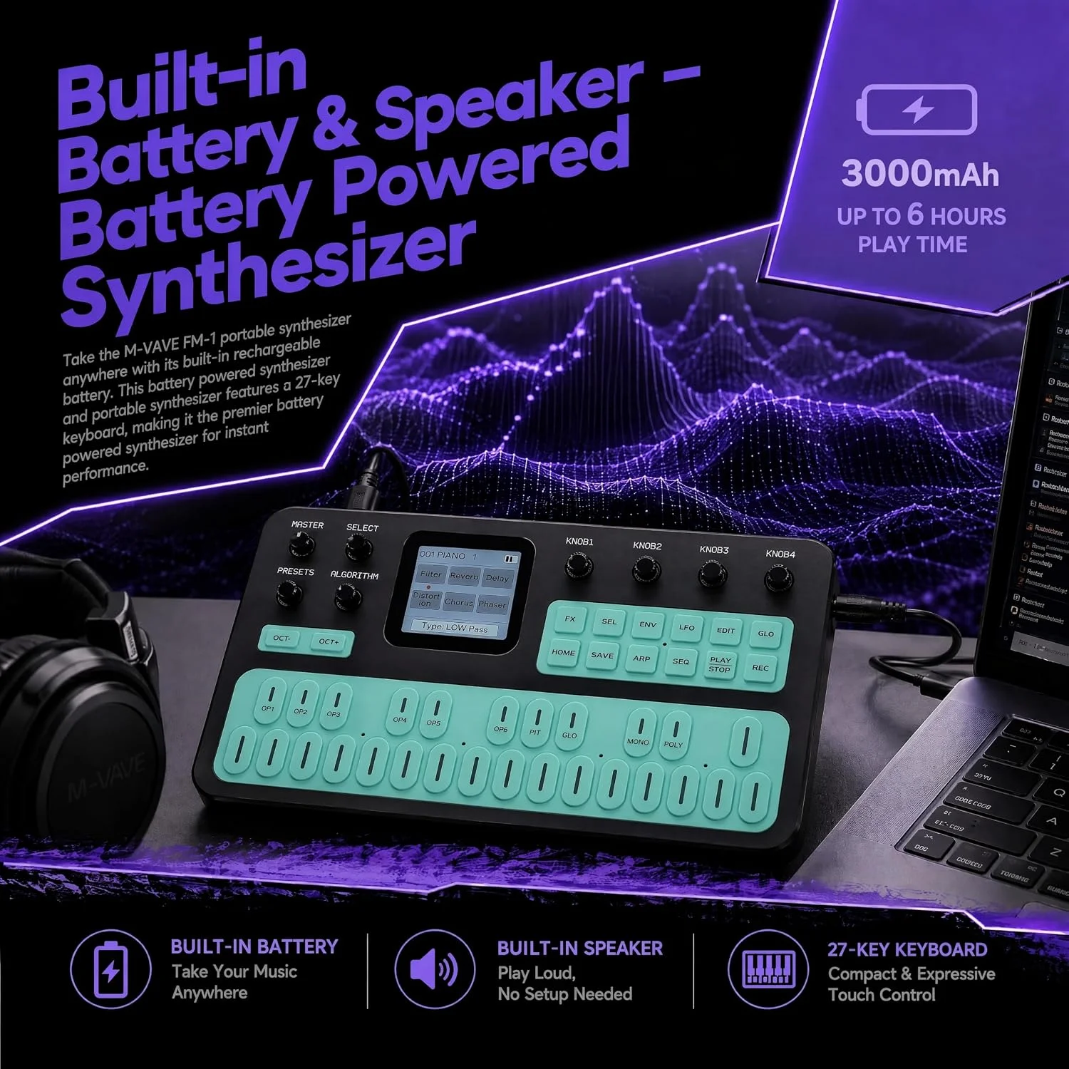 M-VAVE FM-1 Black Green Portable FM Synth, 6 Operators 32 Algorithms 128 Presets, 16-Step SEQ, 7 Arp Modes, 6 Effects, 27 Keys