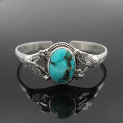Antique Silver Color Flowers Blue Natural Stone Bracelet for Women Simple Luxury Bracelets 2023 Bohemian Trendy Woman Jewelry