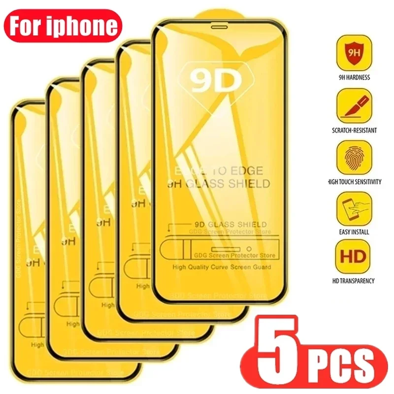 Protector de pantalla de vidrio templado 9D para iPhone, 14, 13, 12, 11 Pro Max, Mini, 7, 8 Plus, 16, 15, XR, XS MAX, 5 unidades