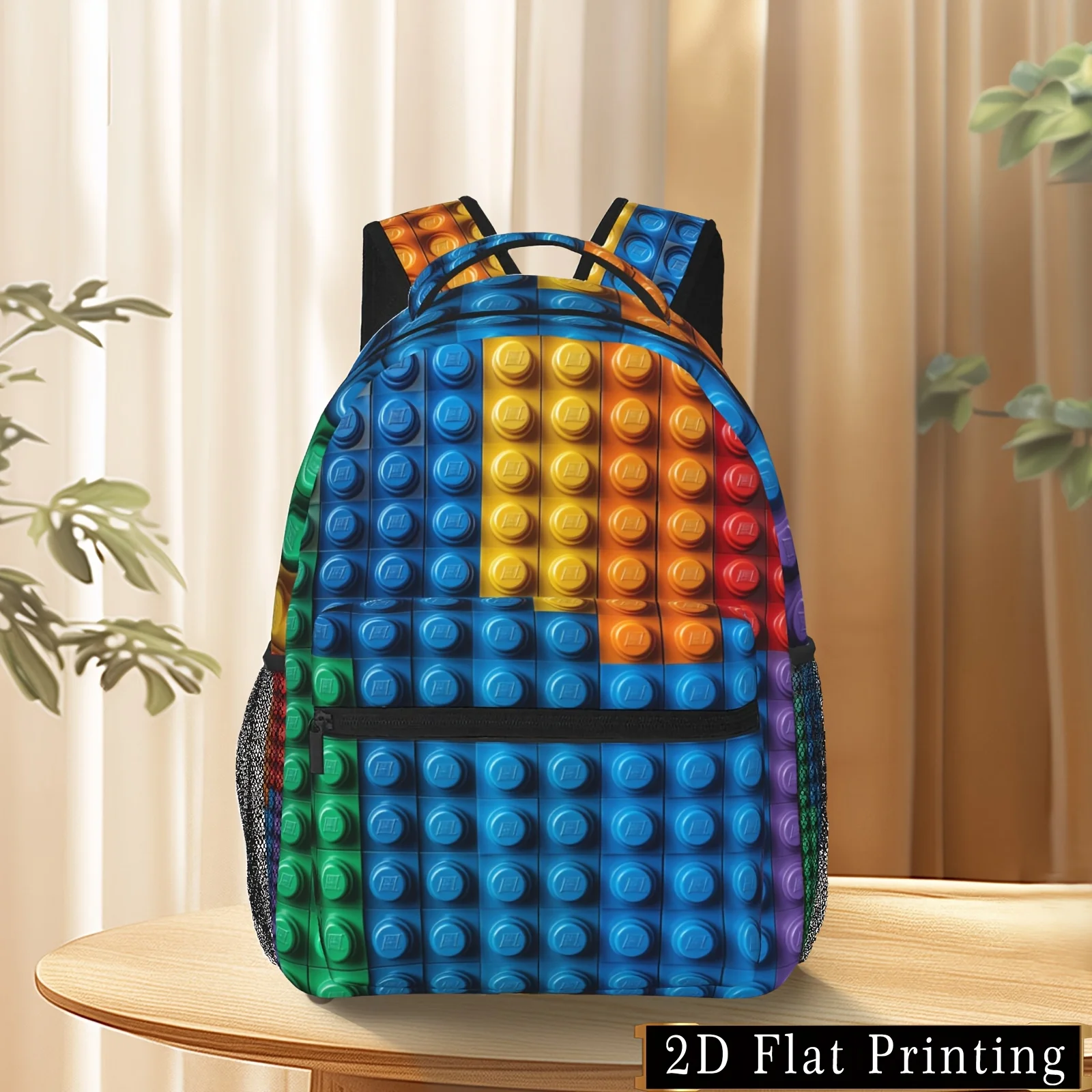 Polyester Backpack Durable Polyester Colorful Building Block Pattern Backpack Commuter Bag with Water Bottle Umbrella