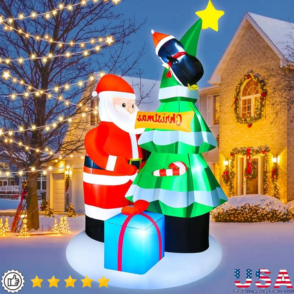 

8FT Christmas Inflatable Santa Tree Yard Decor LED Lighted Holiday Blow Up Decoration Outdoor Xmas Penguin Gift Box
