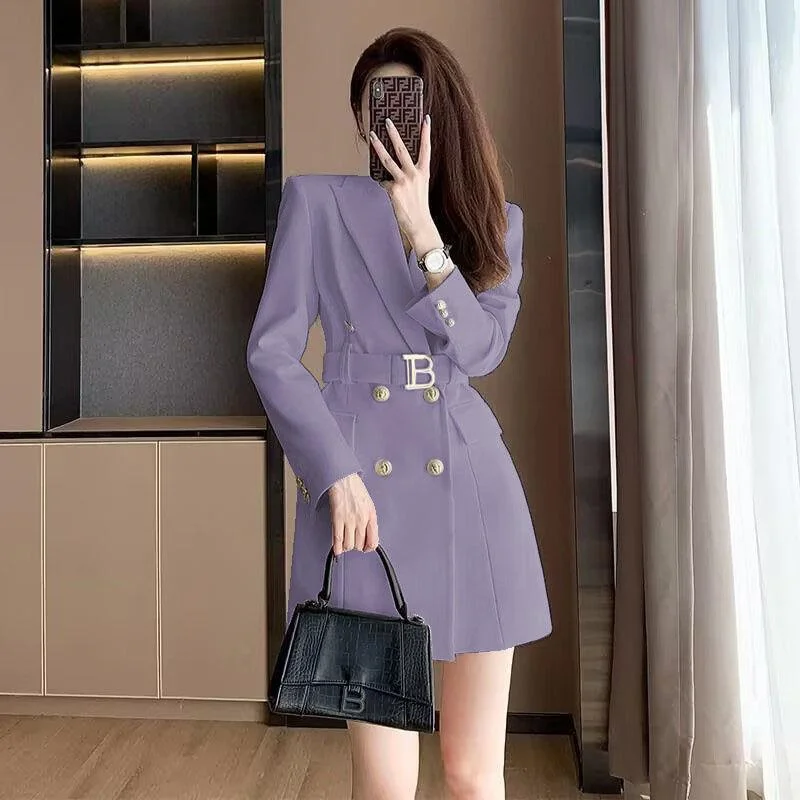 High end Small Fragrance Style Double Breasted Spring and Autumn 2025 New Style Waist Cinched Long Sleeved Suit Waistband Dress
