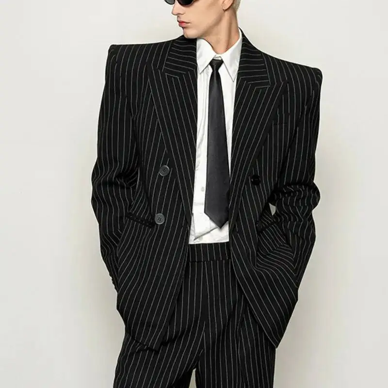 WVGA Spring Autumn New Man Tide Waist-Cinching Striped Trendy Blazer Niche Chic Casual Slightly Flared Suit Pants Set Ins W14680