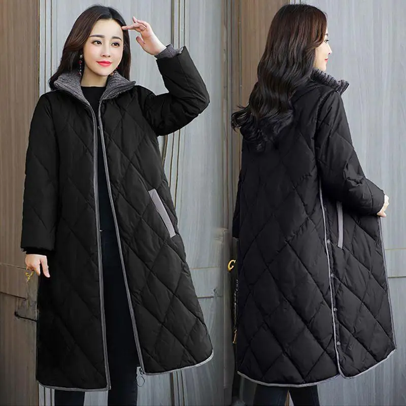 Thickened Women\'s Mid-length Cotton Padded Coat Loose Over-the-knee Padded Jacket Large Size Warm Coat Winter Korean Fashion