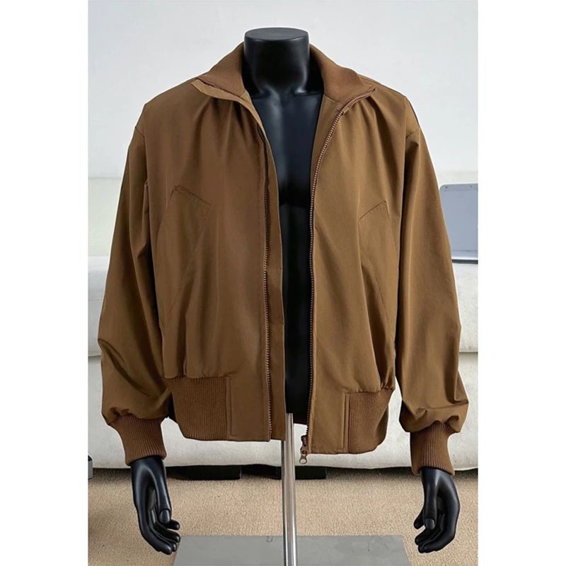 Men Full Zipper Stand Collar Bomber Jacket Spring Autumn Korean Retro Casual Outerwear Solid Color Versatile Cardigan Coat Man