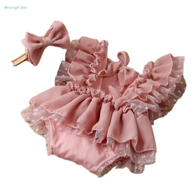 2pieces Baby Photography Props Lace Dress Bowknot Headband Photoshooting Outfit