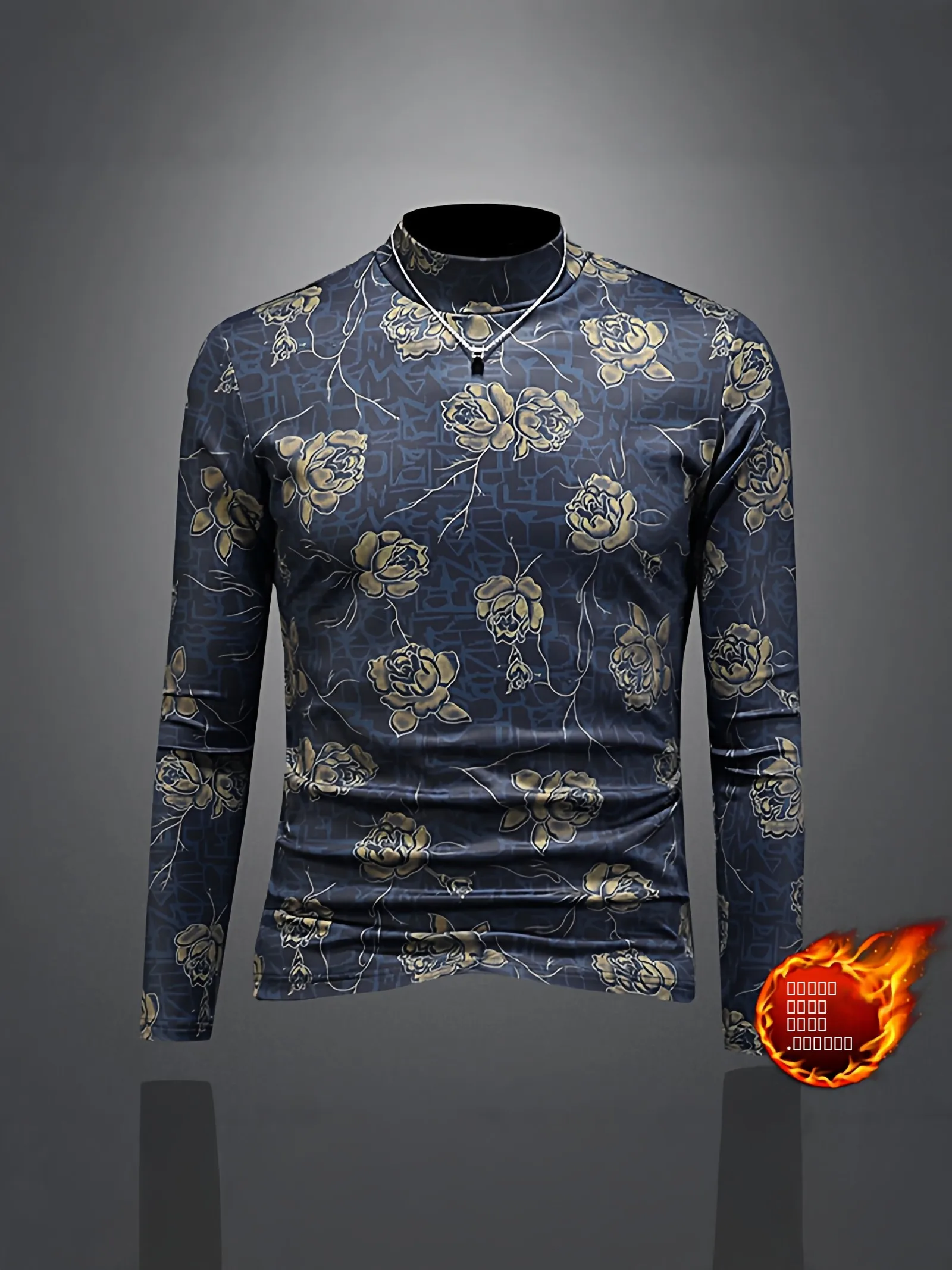 

Men's Fce Lined Long Sve f High Collar Base irt Inner Wear Casual Sle Digital Print Polyester Fiber Thiened Au...