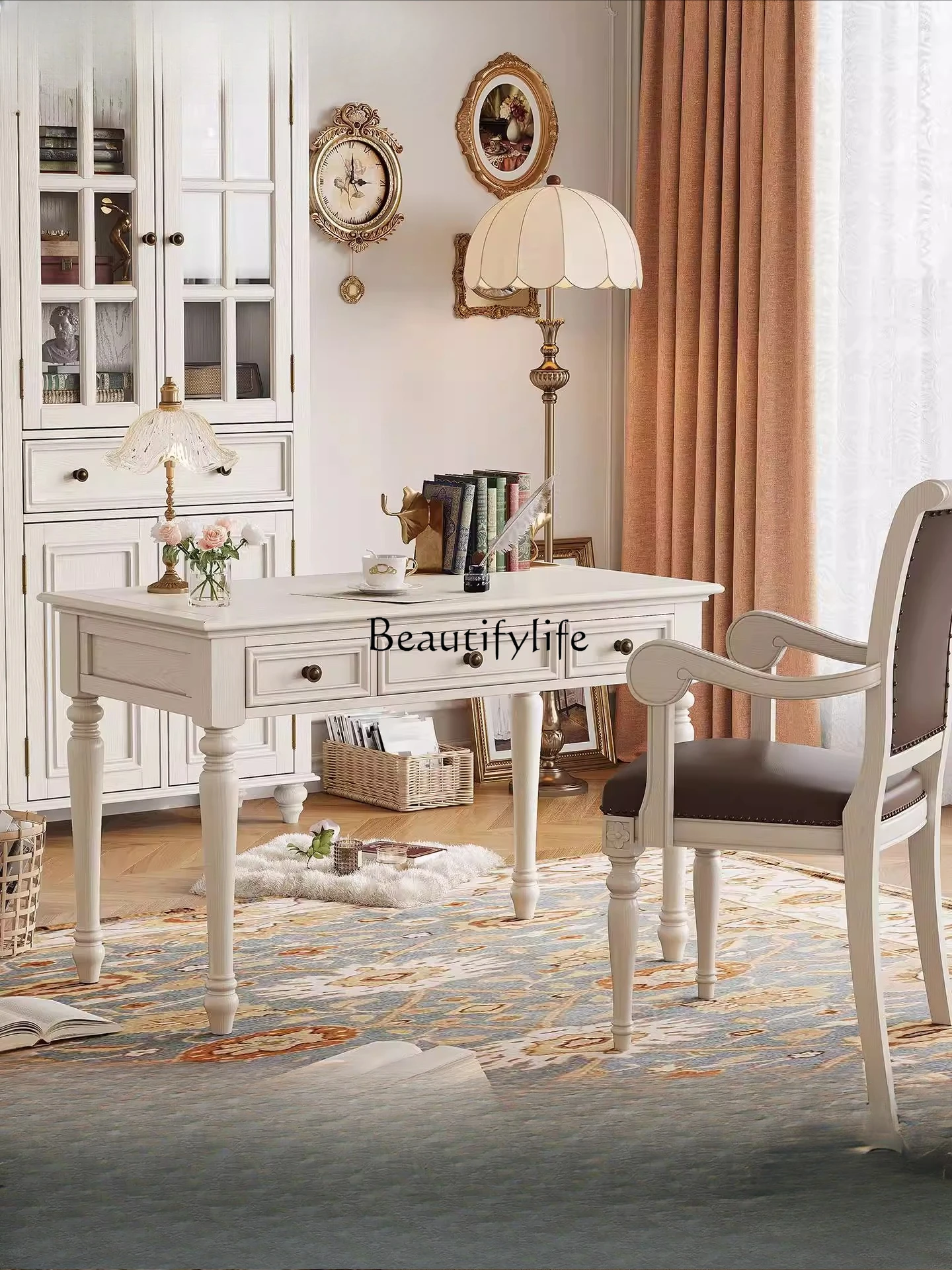 American-style White Solid Wood Desk and Chair Set for Home Study, Rectangular Writing Computer Desk